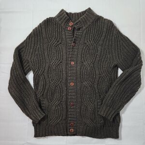 Lands End Cardigan Syle Sweater Patterned Cable Knit Olive Green Womens Large